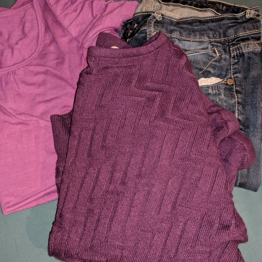 2 beautiful purple blouses and 1 jean pants